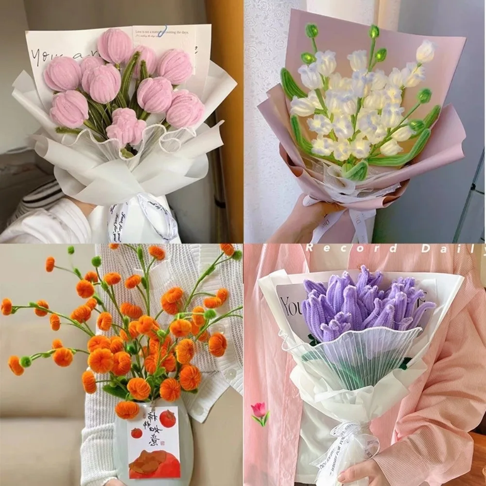 New Tulip Rose Macaron Color Fuzzy Wire Encrypted Fur Root Top Knitting Strip Super Density Material Package DIY Flower Bouquet