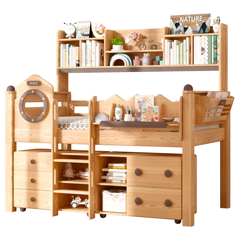 All solid wood children's half-height bookshelf bed integrated