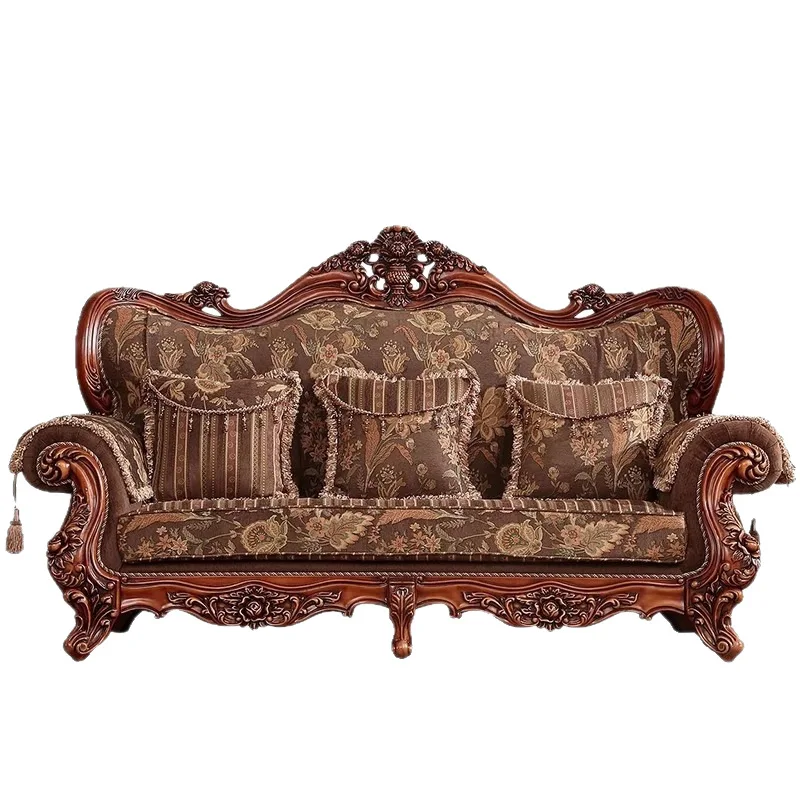 European luxury fabric sofa living room combination retro solid wood carving flower American first layer cowhide rural high-end