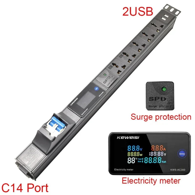 

Smart Power Strip Electricity meter IEC C14 Input Surge protection 2/3/4/5Ways Universal Socket 2USB Charge Port 5V 2A