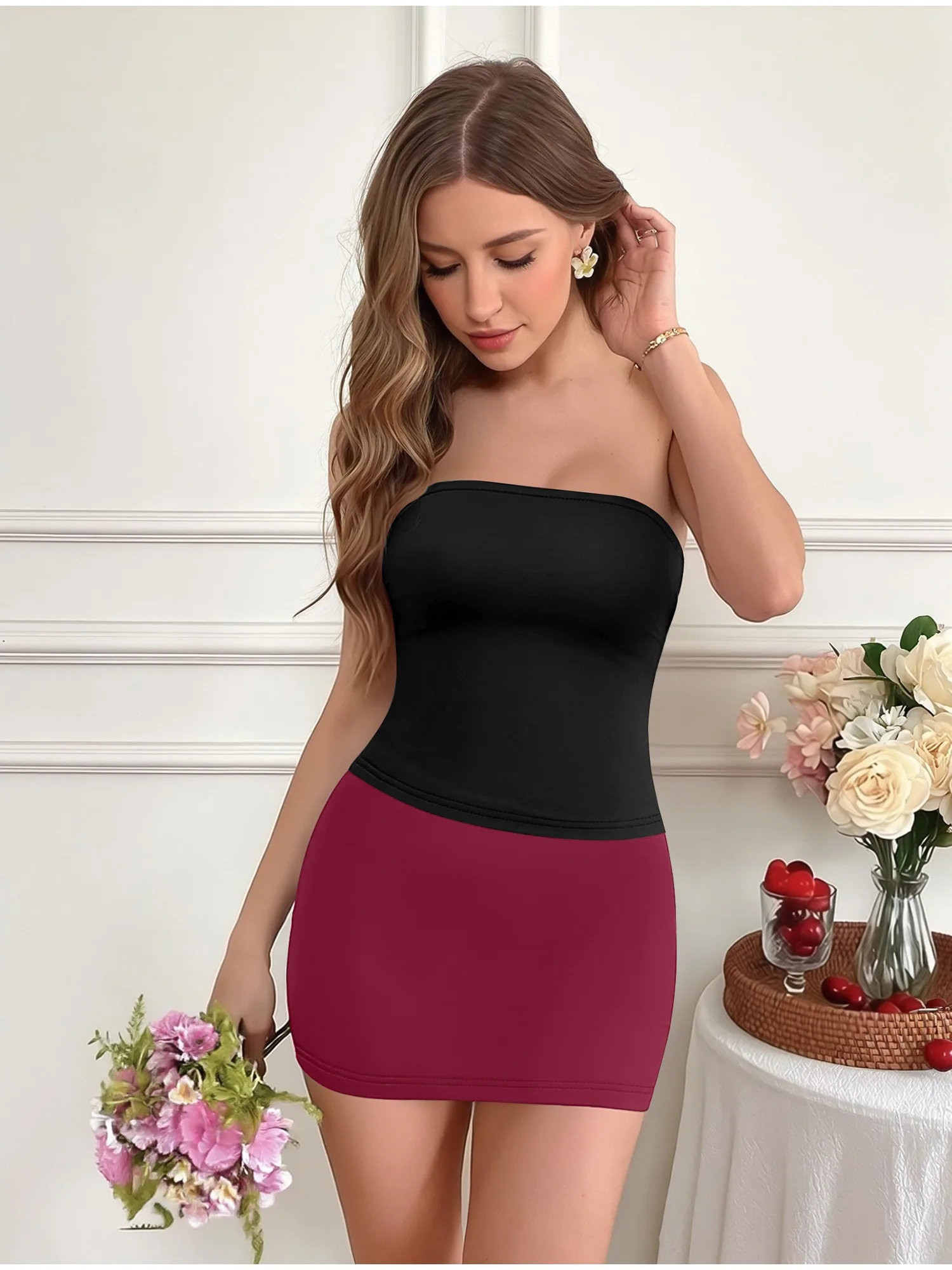 

Fashion Strapless Tube Crop Tank Top High Waist Bodycon Skirt Set Women 2 Piece Outfit For Date Night