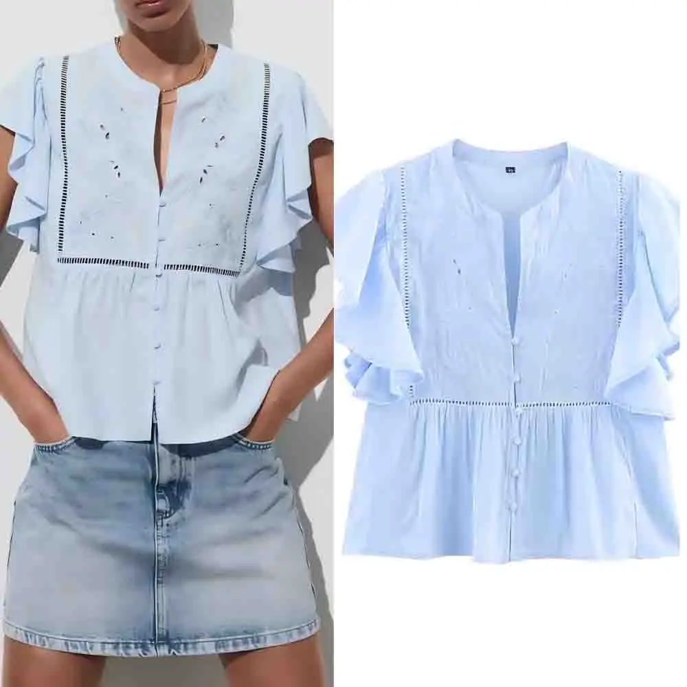 

Women's 2025 New fashion layered decoration casual embroidery shirt retro short sleeved button up women's shirt chic top