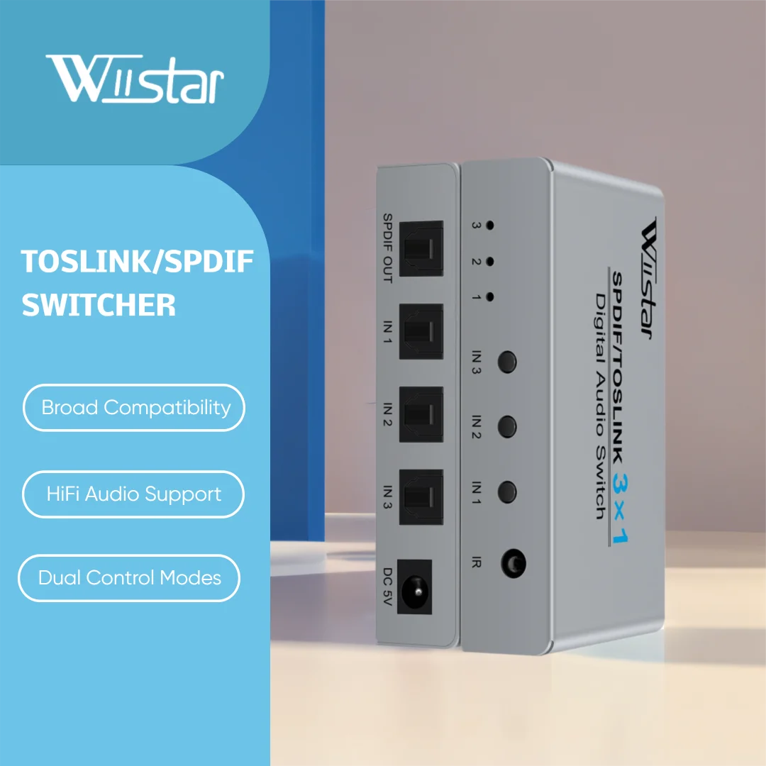 

Wiistar 3 Port Digital Optical Audio/SPDIF/Toslink Switch with IR Remote Control SPDIF Toslink 3 In 1 Out Support DTS AC3