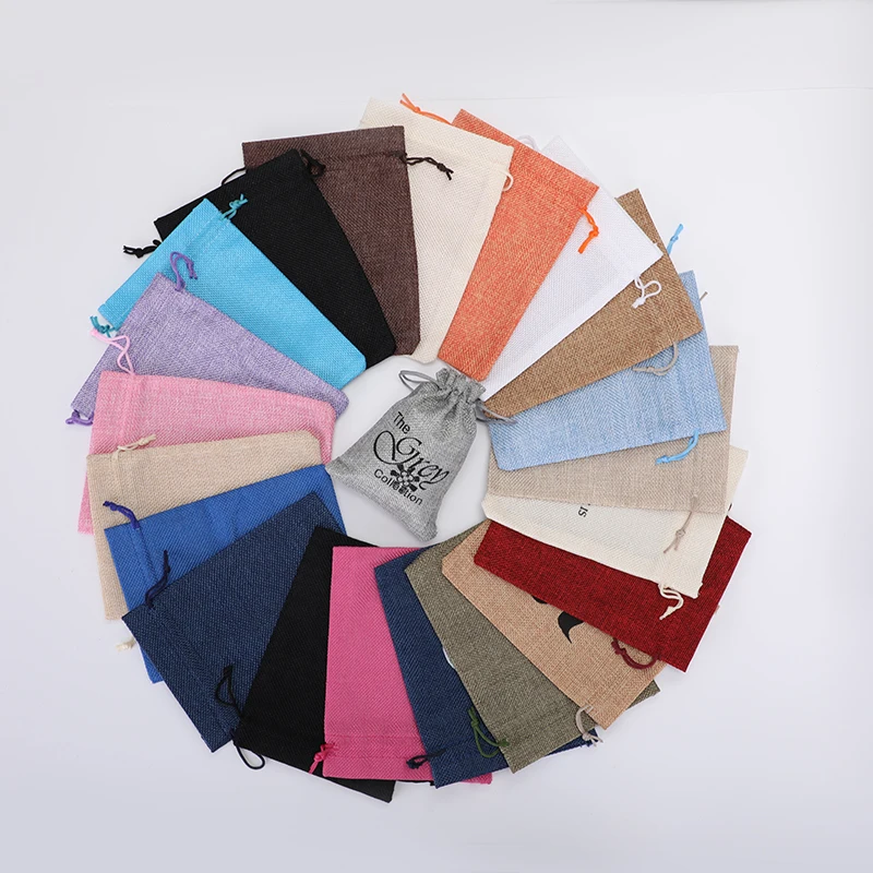 50pcs/lot 15x20cm Drawstring Linen Bags 18 Colors Jute Burlap Pouches for Wedding Christmas Gifts Packaging Customizable Logo