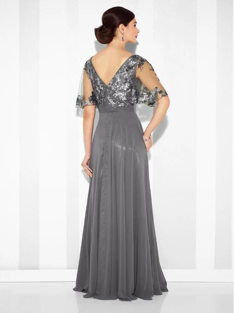 Charming Gray Sequined Boat Neck Mother of the Bride Dresses Half Sleeve Chiffon Back Out Wedding Party Gowns 2021 New Arrival