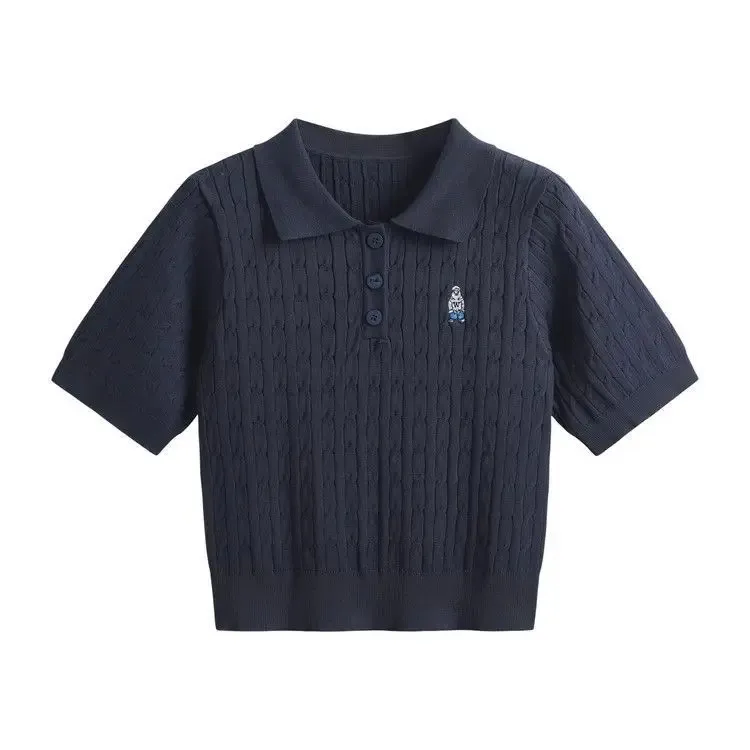 تصميم الإحساس الصيف قصيرة محبوك قميص بولو الدب تويست التطريز سليم صالح الكتف بولو المرأة قصيرة الأكمام تي شيرت #3