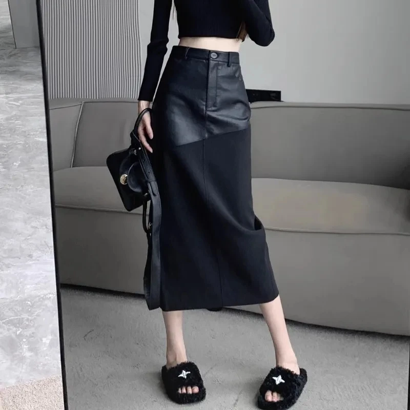 

Advanced Sense PU Leather Patchwork Woolen Skirt For Women NEW Spring Autumn Winter High Waist Silm Split Package Hip Skirks