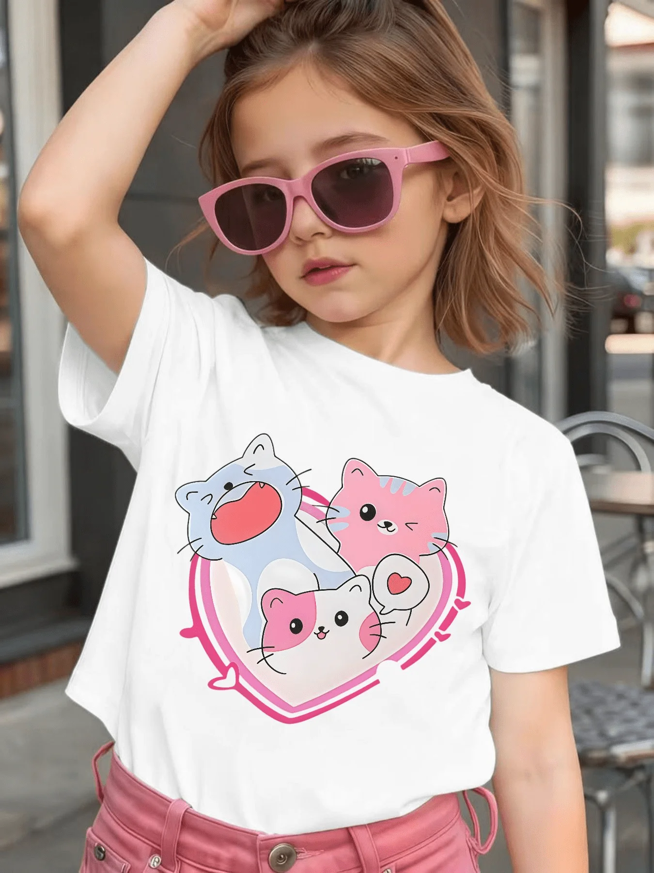 Heart Three Kittens Cartoon Print Kid T Shirt Cotton Short Sleeve Bos Girls Parent Child Matching Lovely Summer Daily Casual Tee