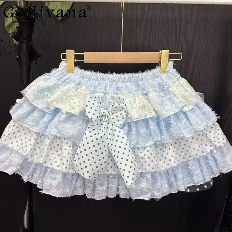 الأصلي الحلو الأزرق لوليتا تنورة المرأة الحب شبكة الدوبامين القوس رقيق كعكة تنورة السيدات عالية الخصر البولكا نقطة تنورة صغيرة