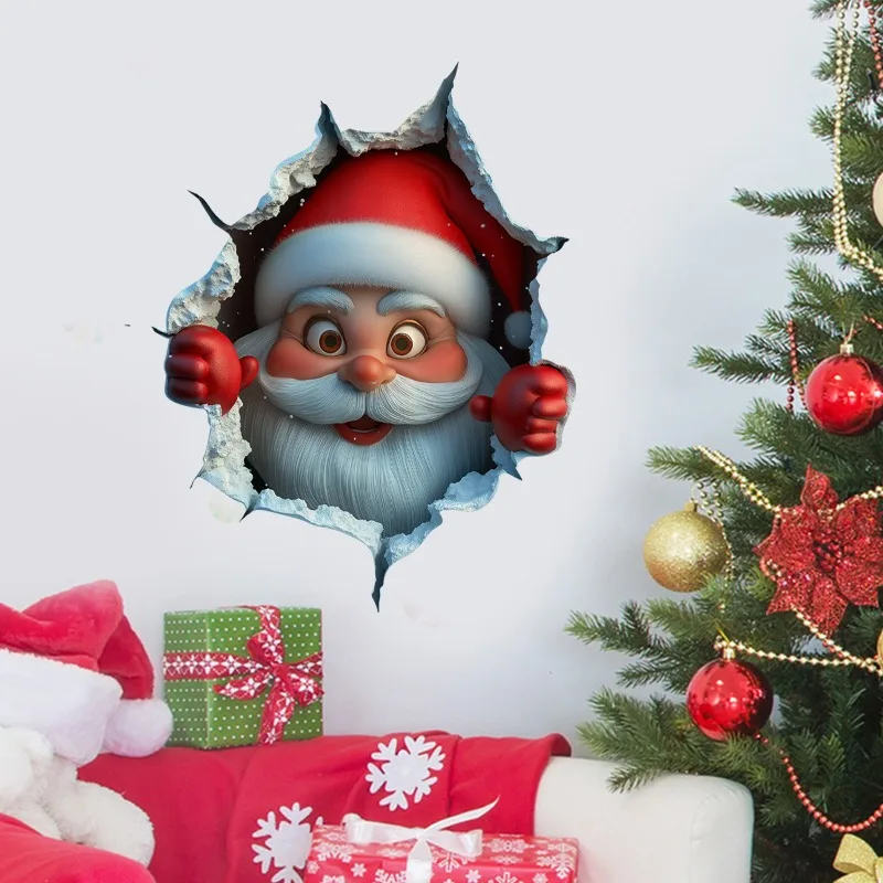 3D Stereo Santa Claus Break-Through Wall Decal Vinyl Christmas Wall Stickers Removable Holiday Decor For Home And Living Spaces