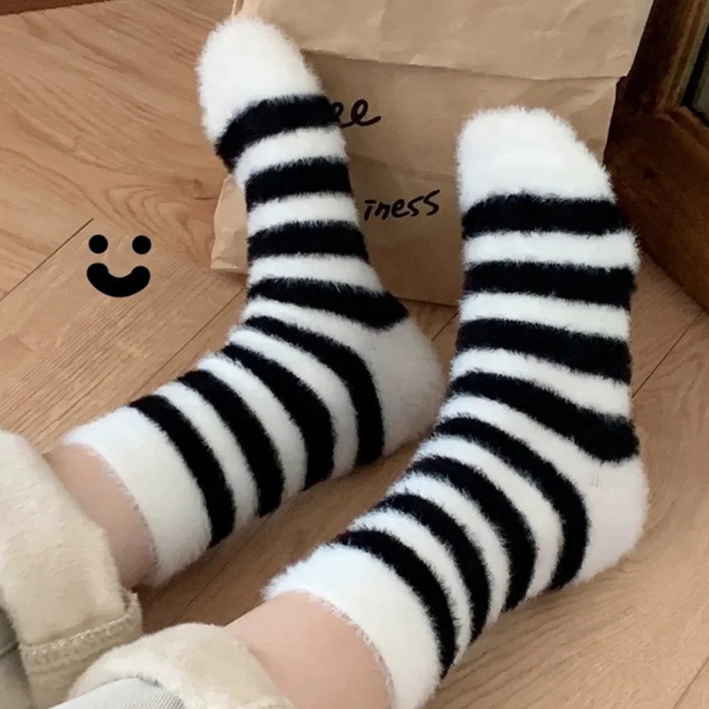 1/3pairs Soft Furry Mink Velvet Socks Harajuku Winter Striped Warm Plush Home Floor Sock Women Black White Sleeping Wear Sox