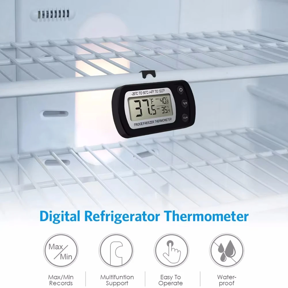 Digital Freezer Room Thermometer Large LCD Waterproof Refrigerator Thermometer Magnetic Back& Hook for Kitchen Home Restaurant