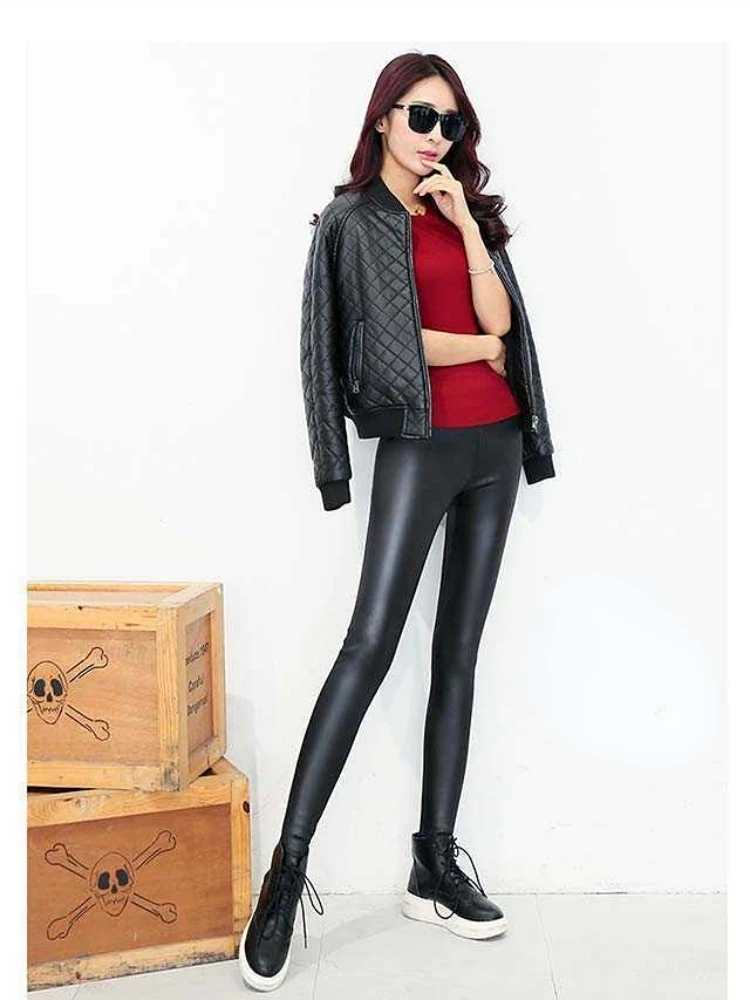 봄 가을 블랙 PU 인조 가죽 레깅스 따뜻한 슬림 스트레치 하이웨이스트 캐주얼 팬츠 타이츠 여성용 섹시 걸 레깅스