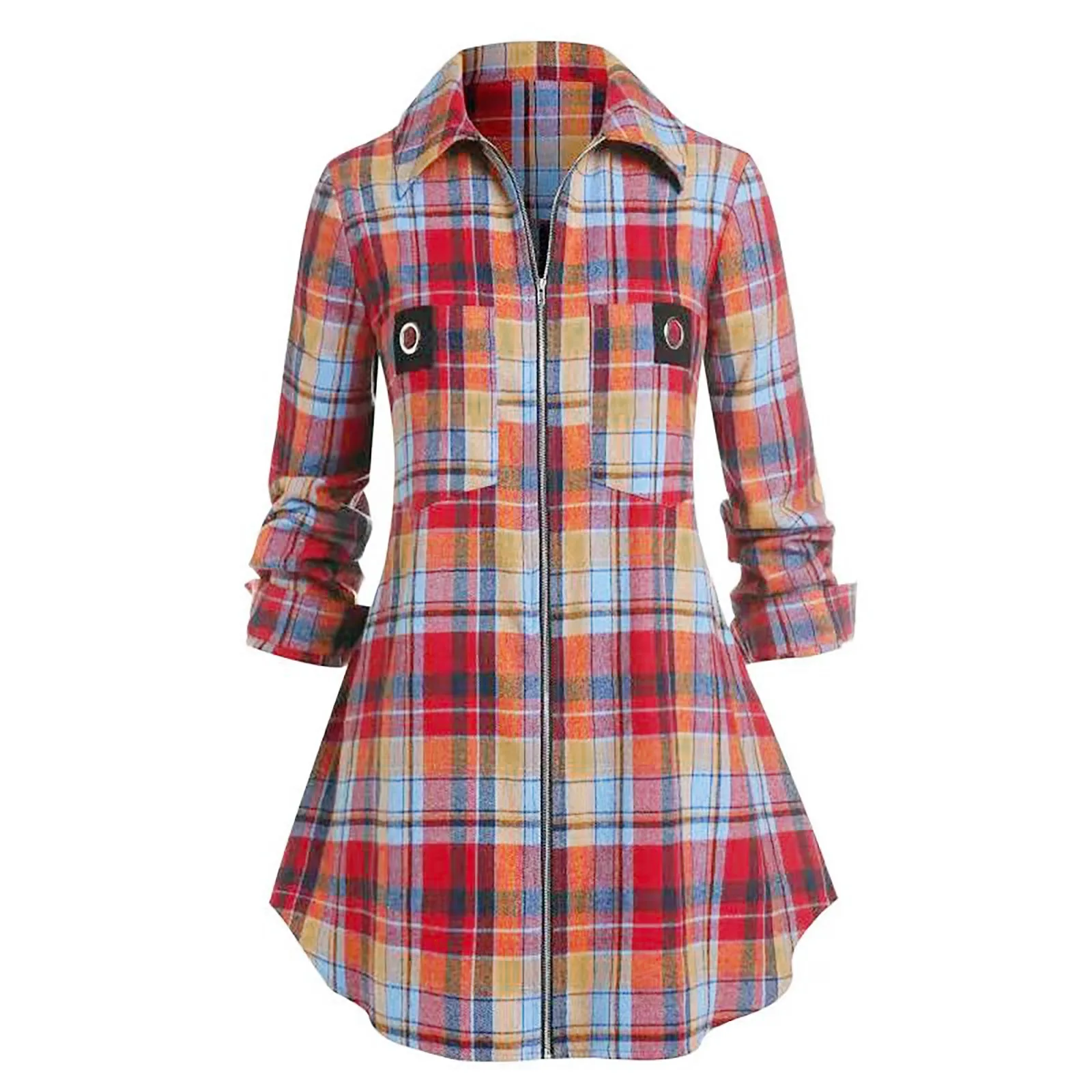 Vestido camisa de manga larga a cuadros para mujer, estilo casual, con cuello de solapa y bolsillos, túnica, ropa de otoño e invierno, conjunto con corte asimétrico T1