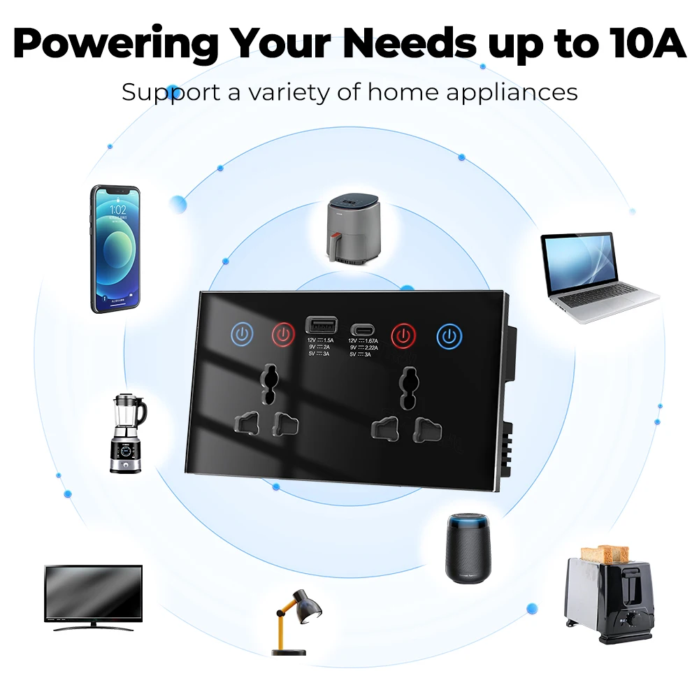 Tomada de Parede Inteligente Tuya WiF USB, Tomada 4-em 1, Tomada Elétrica Universal, Interruptor de Toque 13A, Carregamento Sem Fio para Alexa e Google