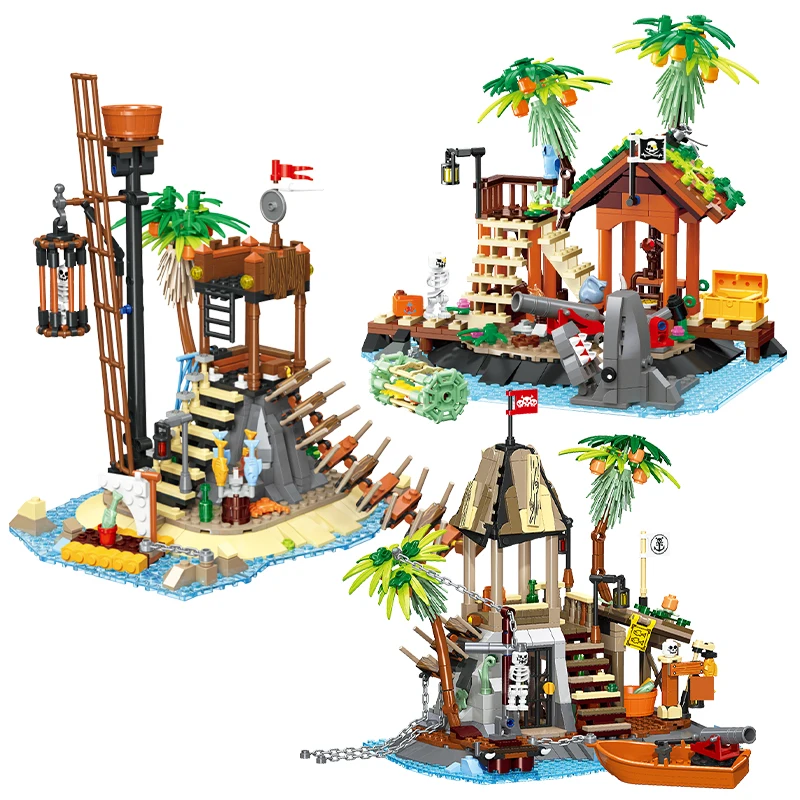 

Creative Medieval Pirate Island Building Blocks,MOC Pirate Series Black Bays Skulls Construction Model 3in1 Sets,For Kits Gifts
