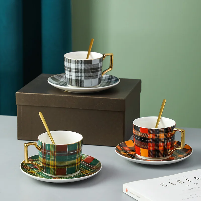 American Coffee Cup and Saucer Afternoon Tea English Cup Office Exquisite Plaid Couple Cup Set Turkish Coffee Cups  Tea Cup