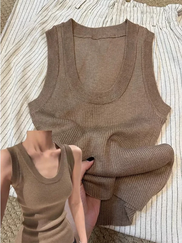 Slim Fit Knitted Vest Camel Color U Neck Sleeveless Top for Women Short Length Breathable Summer Fashion Casual Wear