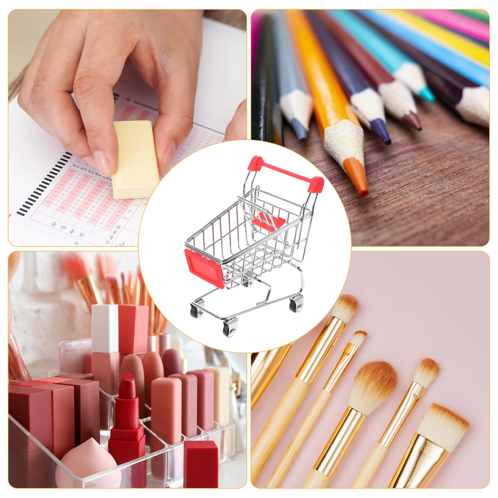 

Cute Mini Shopping Cart Storage Basket Desktop Organizer For Pens Cosmetics Cellphone Metal Plastic Office Caddy