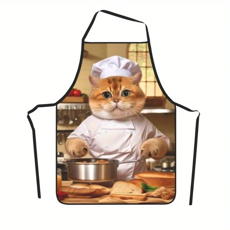 1pc Chef Cat Kitchen Apron - Adjustable, Comfortable Polyester Bib for Cooking, Baking, BBQ & Cleaning - Fun Ginger Cat