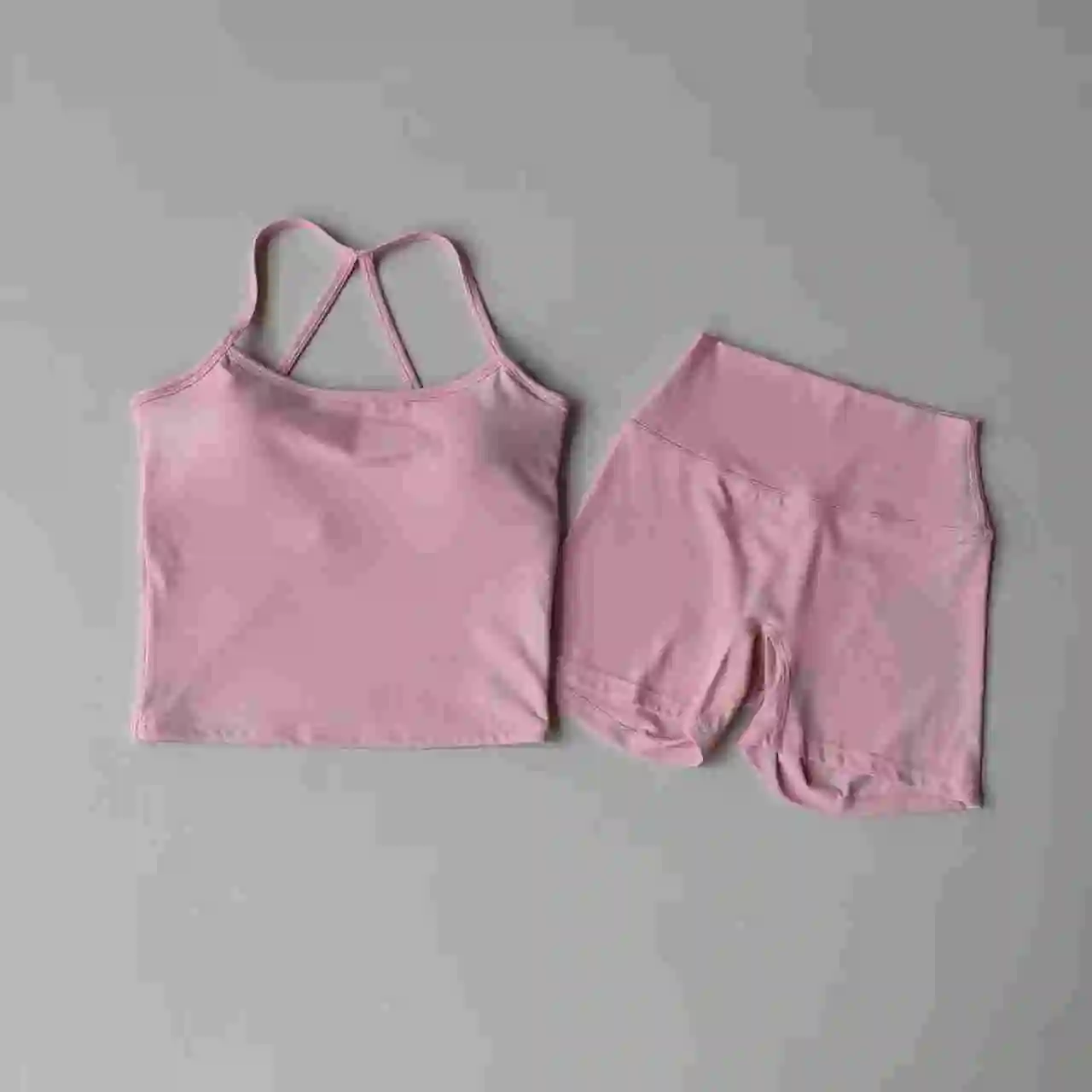 2PCS Yoga Set Nude Sports Bras Longline Strappy Tank Top Scrunch Sports High Waisted Shorts Gym Clothes Summer Workout Outfits