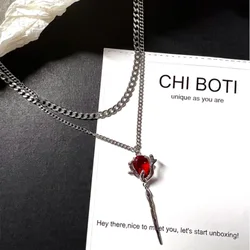 Double Layer Red Zircon Rose Pendant Necklaces Y2K Layered Flower Stone Chain Necklace Irregular Floral Aesthetic Jewelry Gifts