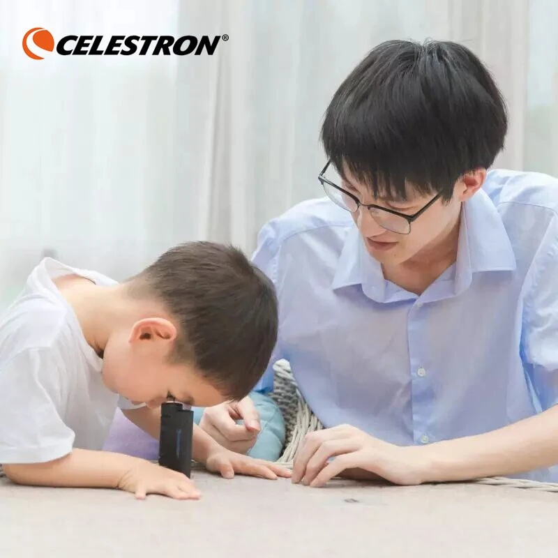 CELESTRON Portable Hand Monocular Microscope 60X-120X Stepless Zoom Microscope Light Source Focus on Easy for Beginner/Child