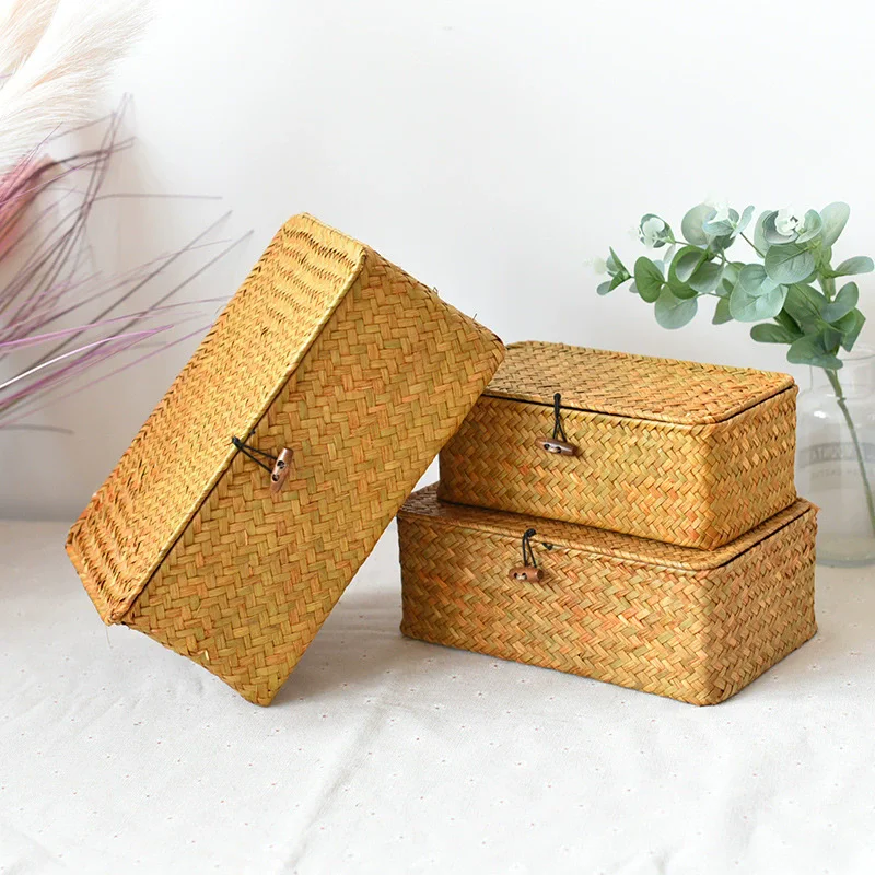 Cesta de almacenamiento multiusos con tapa, organizador de maquillaje tejido de ratán de algas marinas Rectangular hecho a mano, caja contenedor multiusos