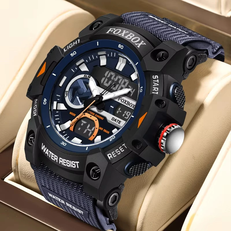 

FOXBOX новые часы для мужчин 50 м водонепроницаемые часы-будильник светодиодный двойной дисплей наручные часы кварцевые военные спортивные мужские часы + коробка