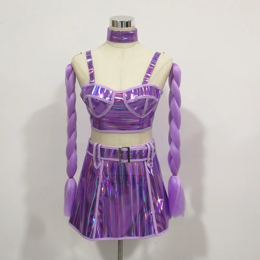 Purple Laser Tops Skirt Braid Wig Rave Outfit Sexy Nightclub Bar DJ Gogo Performance Dance Costume Festival Party Stage Wear