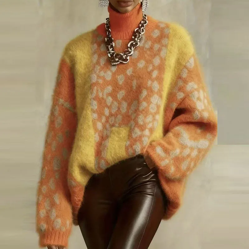 Woman Clothes Fall Leopard Print Patchwork Knitwear Sweater Vintage Turtleneck Loose Knit Tops Winter Long Sleeve Warm Pullovers