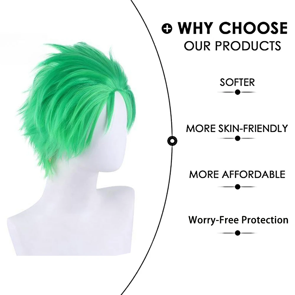 شريحة خضراء مقاس 10 بوصة من شعر الرسوم المتحركة Ronoya Zoro Cosplay الاصطناعي مناسبة لشعر مستعار لعب الأدوار اليومي في الهالوين #5