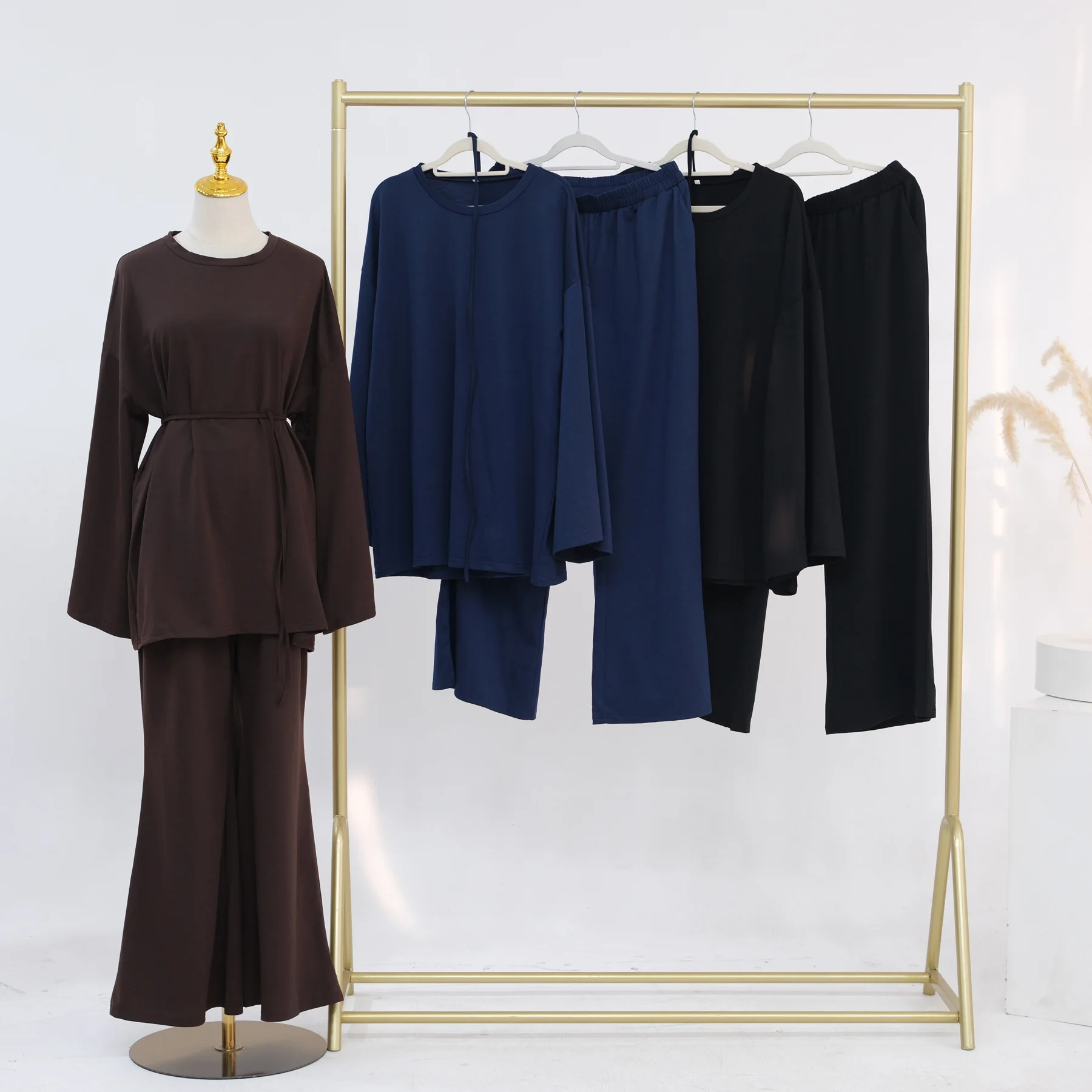 Muslim Women 2 Piece Set Pleated Long Sleeve Tops Wide Leg Pants Trousers Suit Dubai Abaya Turkish Kaftan Dress Gown Eid Mubarak