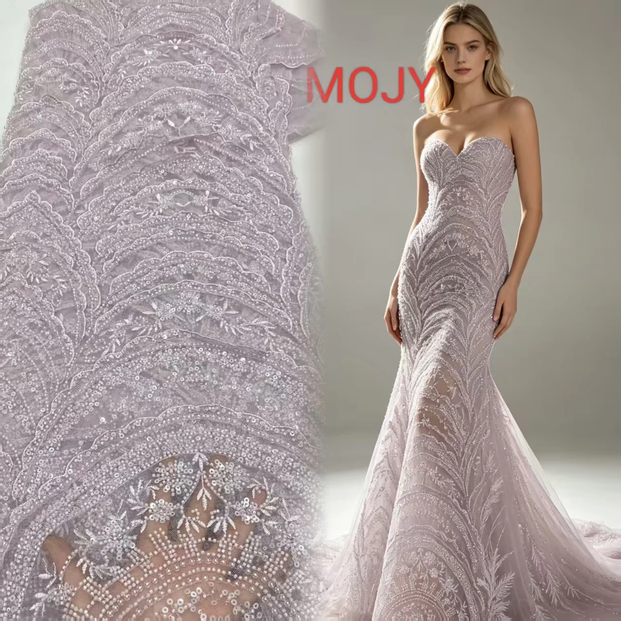 Taro Purple Wavy Beaded Mesh Fabric, Silver Sequins 3D Embroidered Lace for Formal Party Dresses Wholesale