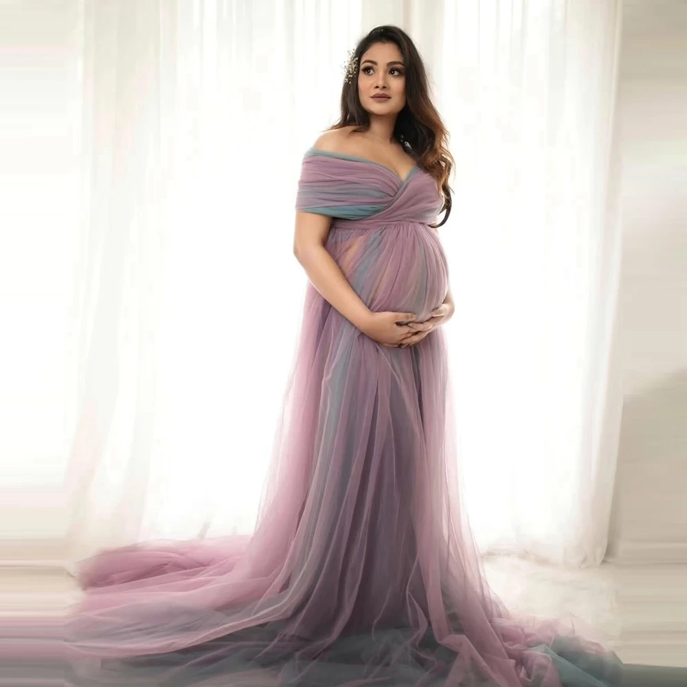 

Off-Shoulder Tulle Maternity Gown for Party New Arrival Mesh Ruffles Long Prom Party Dress Pregnant Women Photography Gowns