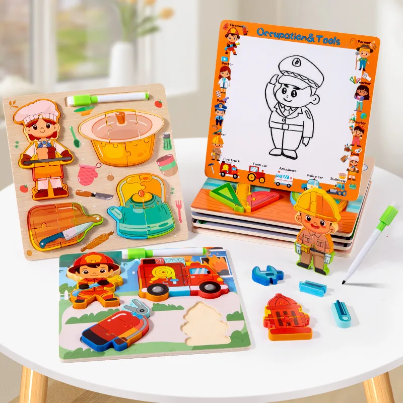 Wooden Occupation Tool 3D Puzzle Toy Children Paintable Drawing Board Montessori Early Educational Toys Fun Game Gifts For Kids