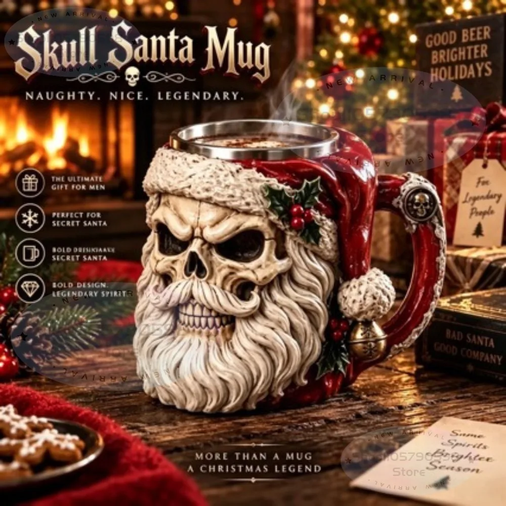 3D Skull Santa Claus Mug Gothic Resin Sculpture Coffee Cup, Hand Painted Skeleton Santa Mug, Christmas Novelty Gift