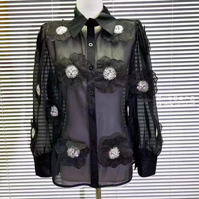 

New In Beaded Sequined Flowers Stitch Mesh Shirts For Women Streetwear Fashion Long Sleeve Buttons Up Blouse Tops