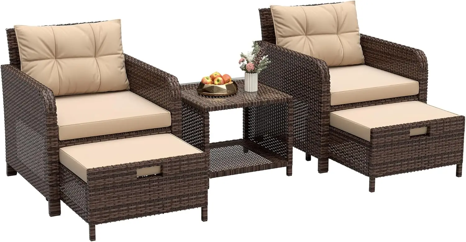 Outdoor Patio Conversation Set, PE Rattan with Soft Brown Cushions, Hidden Ottoman & Coffee Table