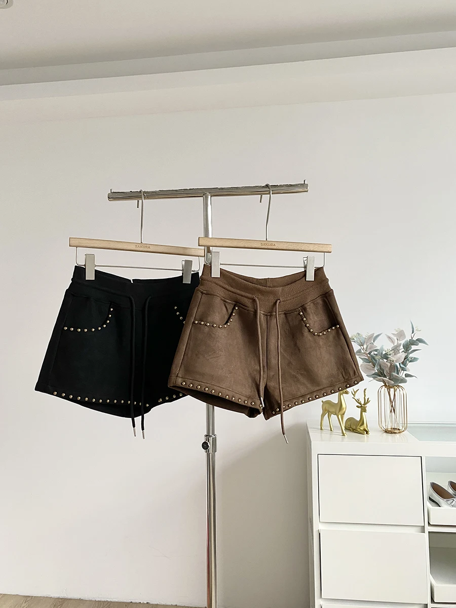 Retro American Style Beaded Drawstring Casual Shorts Wide Leg Pants Women High Waist Polyester Fiber Commute Suitable