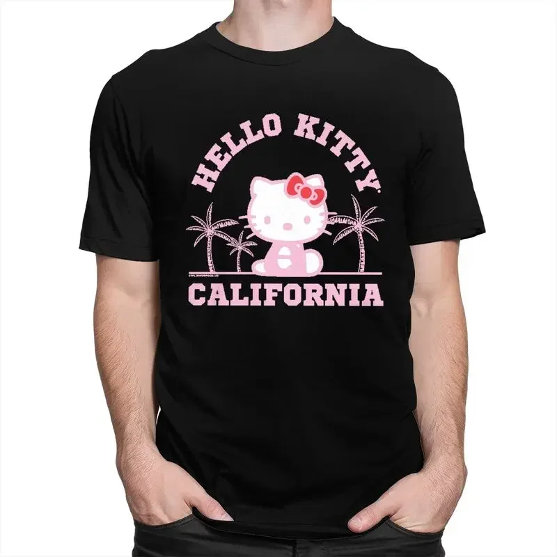 Classic Hello Kitty California Palm Trees T Shirts Men Short Sleeve T-shirts Graphic Tee Tops Pure Cotton Slim Fit Tshirt Gift