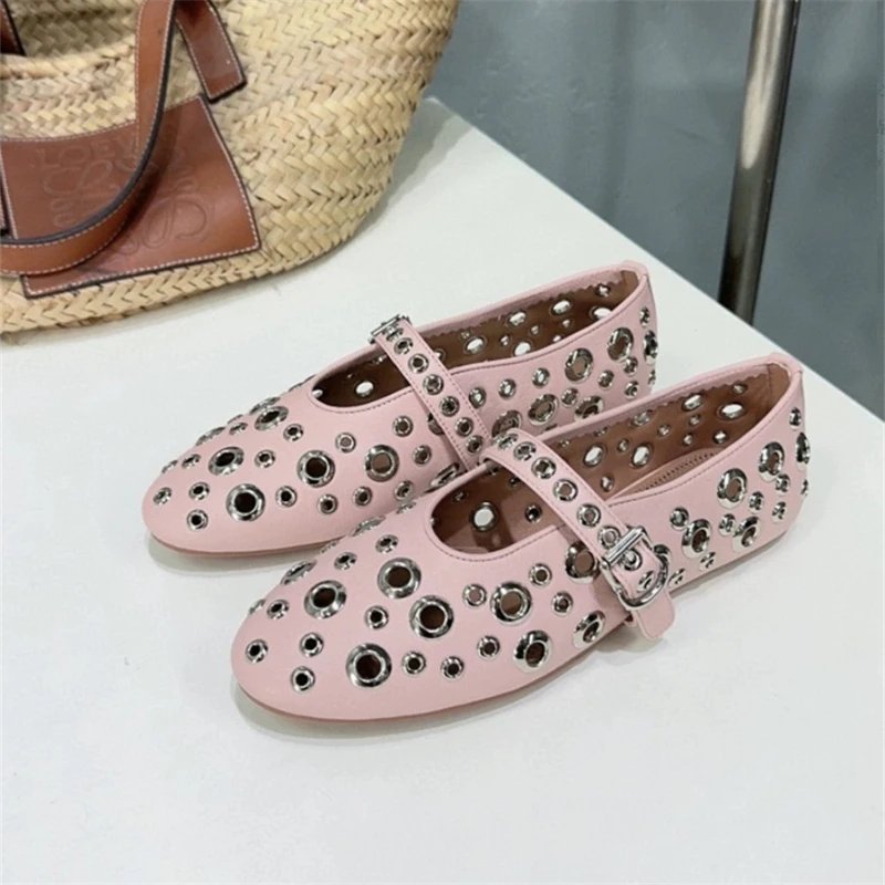 Buckle Strap Metal Decoration Women\'s Flat Shoes Round Toe New Design Women Ballet Dancing Shoes Hand-made Fashion Zapatos Mujer