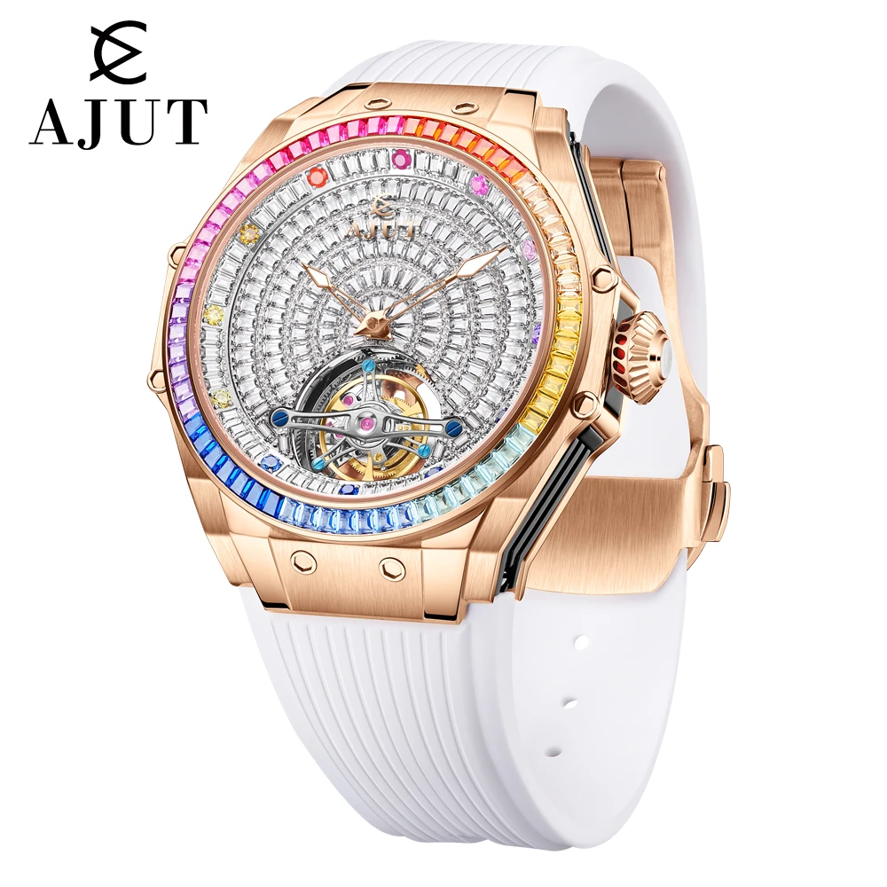 AJUT 0382 Luxury Square Diamond Inlaid Mens Watches Sapphire Mirror Tourbillon Mechanical Hollow Movement Watch For Man Fashion