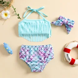 Yiiciovy lato śliczne dziewczynek 3 sztuk Bikini Set stroje kąpielowe Halter bluzki z frędzlami + dół od Bikini + zestaw opasek dzieci strój kąpielowy