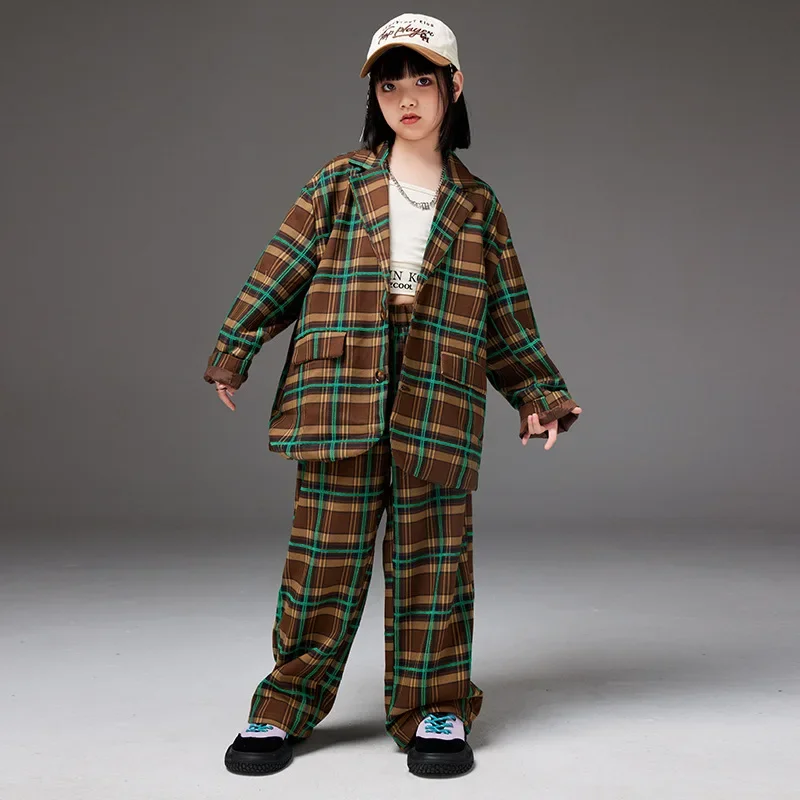 Street Dance Costumes for Kids Children Plaid Hip Hop Suit Blazer Jacket Baggy Pants Modern Kpop Outfits Boys Girls Stage Sets