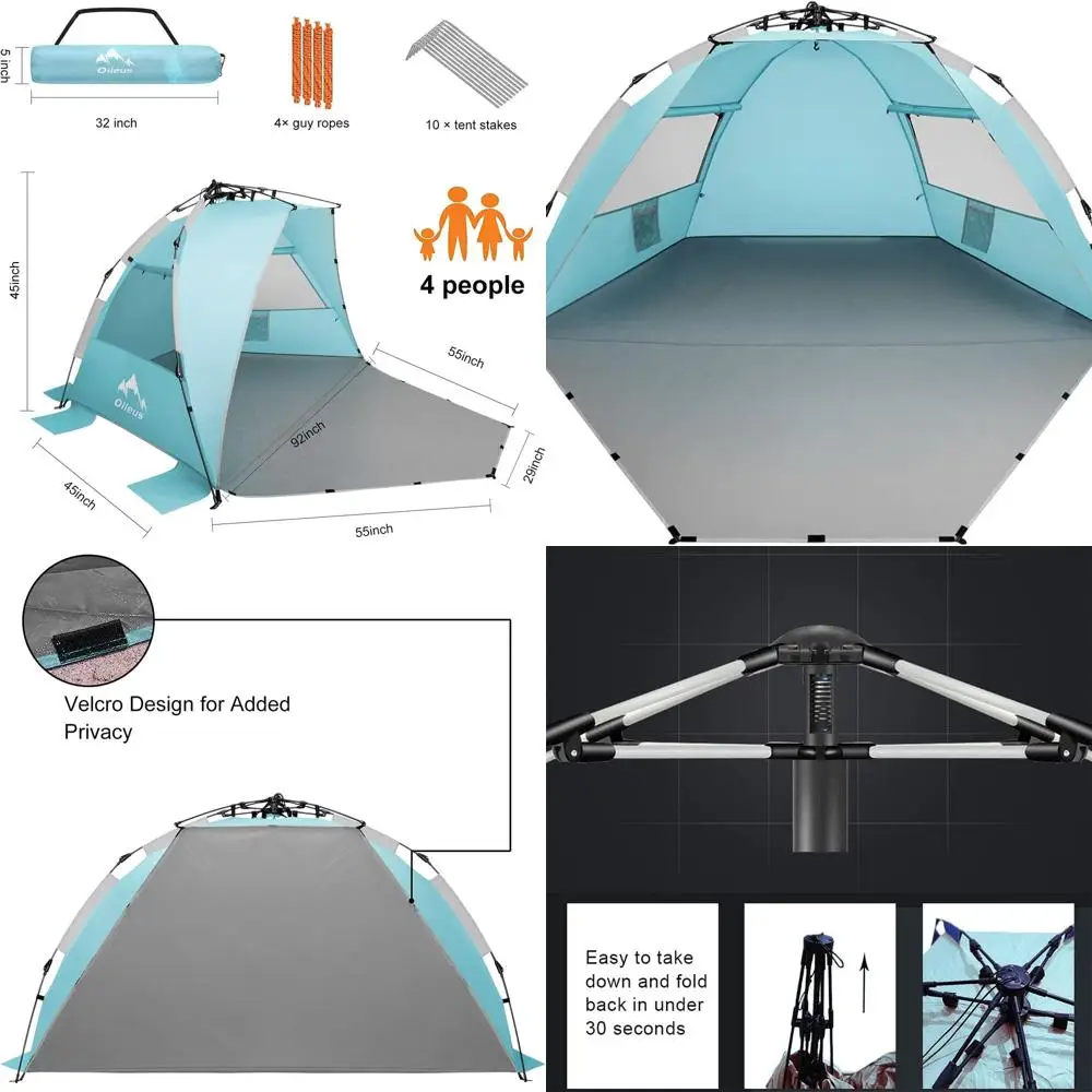 

Portable 4-Person Beach Tent - Waterproof, Windproof, UV Protection, with Carry Bag, Stakes, Sand Pockets, Ideal for Outdoor Act
