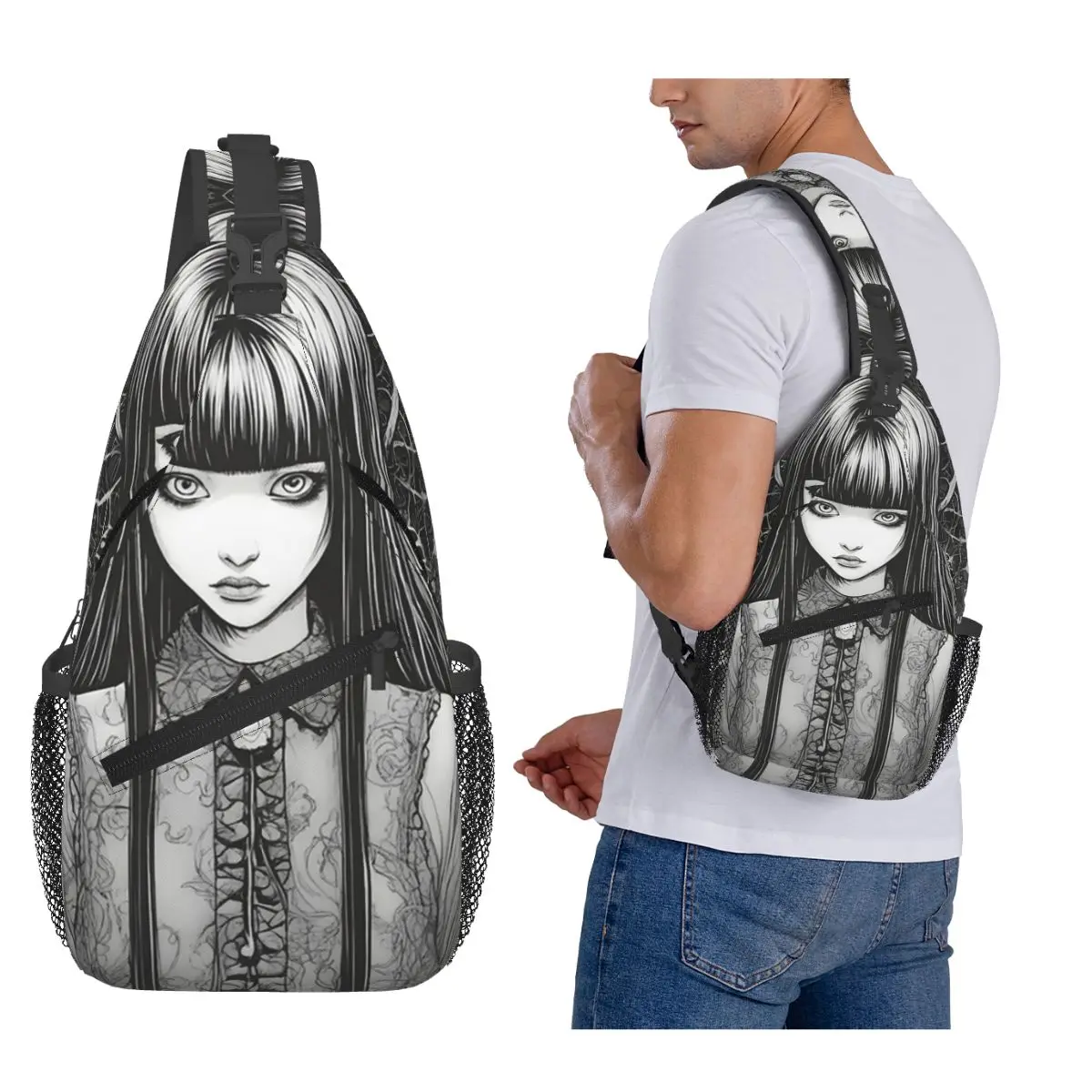 

Tomie Junji Ito Chest Bag Men Sling Crossbody Backpack Chest Bag Travel Hiking Daypack Shoulder Bag