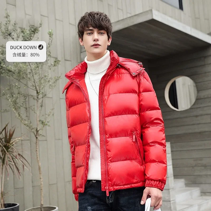 Mens Winter Shiny Down แจ็คเก็ต Mens Casual Hooded เป็ดสีขาวปักเป้าลงเสื้อคุณภาพสูงกลางแจ้งหนา Warm Windproof Outwear