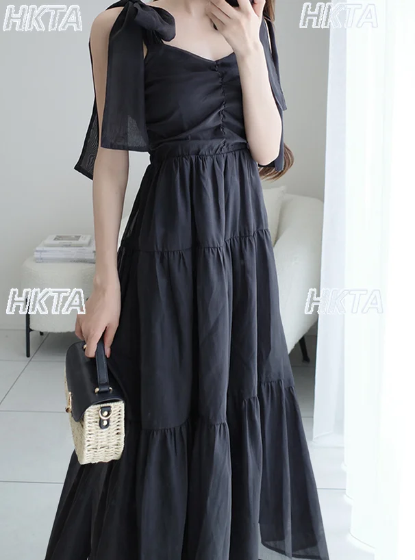 Japanse stijl zomer nieuwe 2025, zoete elegante strikriem, elastische taille, losse commuter lange jarretel, dames chiffon jurken, dames