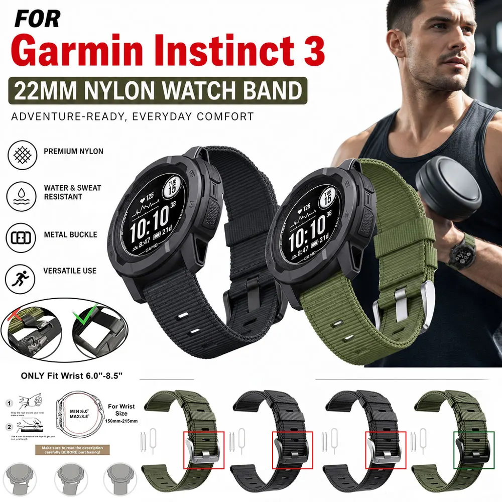 22mm Nylon Sport Band for Garmin Instinct 3 2 Nylon Strap with Reinforced Thick Spring Bars for Garmin Instinct 2 Solar Tactical